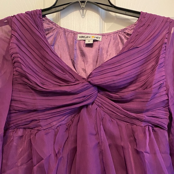 Chiffon Baby Doll Bubble Hem Mini Dress 3/4 Puff Sleeve in Purple NWT MED - Picture 5 of 16